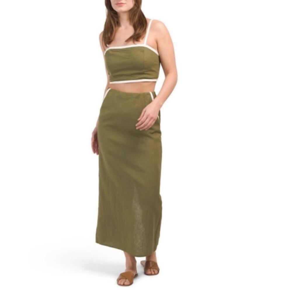 House of Harlow 1960 Olive Green Two-Piece Skirt Set with White Trim